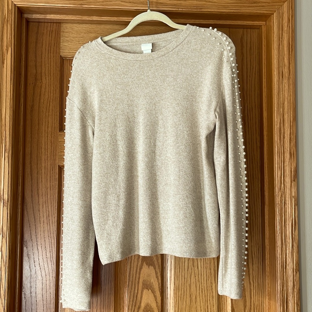 H&M Cream Faux Pearl Embellished Long Sleeve Crewneck Sweater Size XS